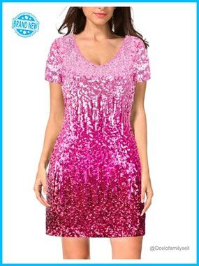 Sequin Glitter Short Sleeve V Neck Mini Bodycon Party Club Dress